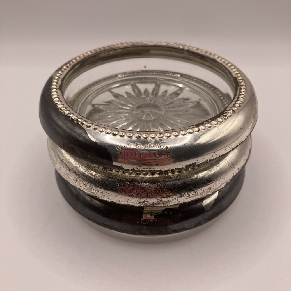 3 Vtg Starburst Atomic Silverplate & Glass Coasters - Wes Blackinton Nice Patina